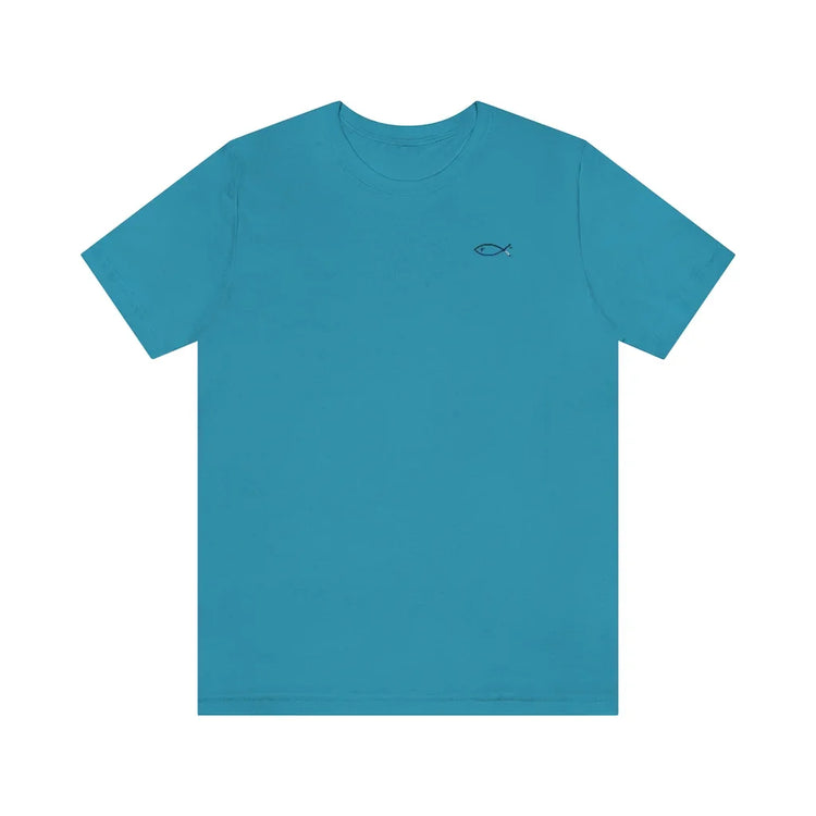 Blue Christian t-shirt with small Ichthys fish symbol on chest, faith-inspired apparel