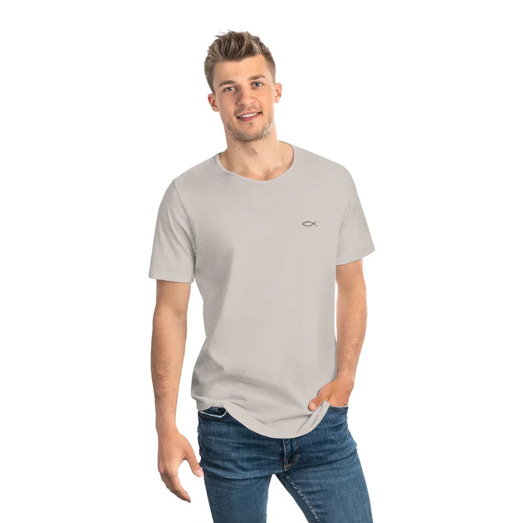 Man wearing light gray Christian fish symbol t-shirt and blue jeans, faith apparel