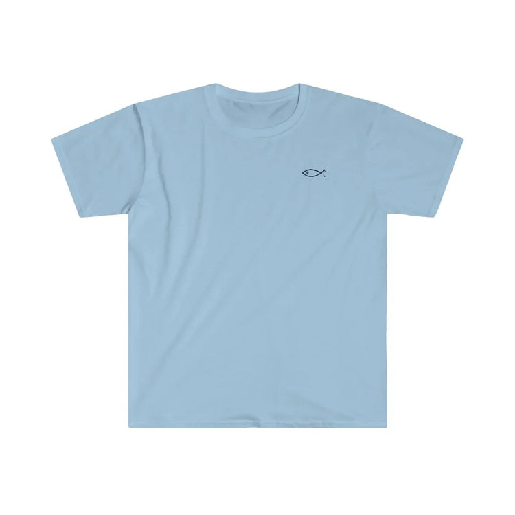 Light blue Christian t-shirt with small Ichthys fish symbol on chest
