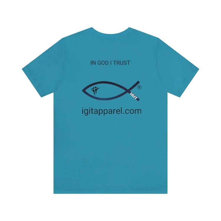 Blue Christian t-shirt with fish symbol, 'In God I Trust' text, and website on the back.