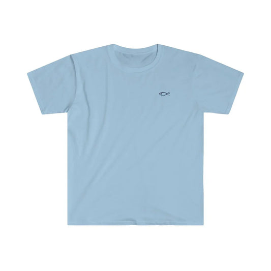 Light blue Christian t-shirt with small Ichthys fish symbol on chest, faith-inspired clothing