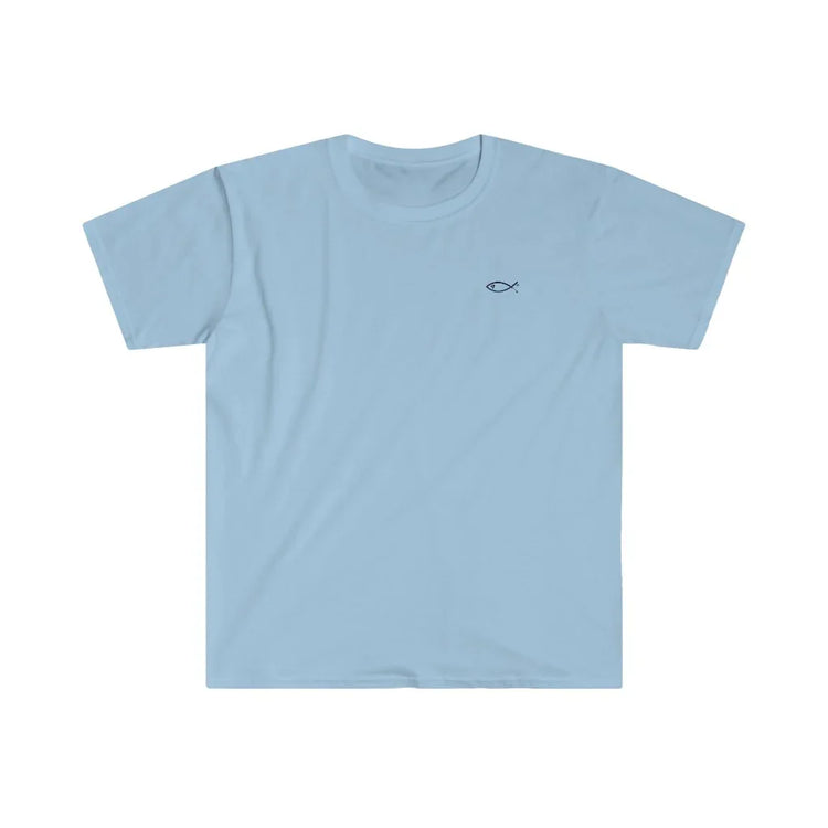 Light blue Christian t-shirt with small Ichthys fish symbol on chest, faith-inspired clothing