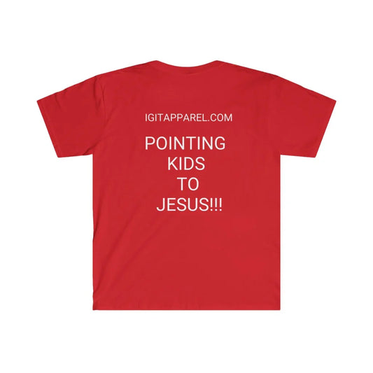 Red Christian youth t-shirt with 'Pointing Kids to Jesus' text, faith-inspired clothing