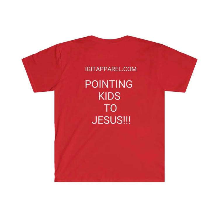 Red Christian youth t-shirt with 'Pointing Kids to Jesus' text, faith-inspired clothing