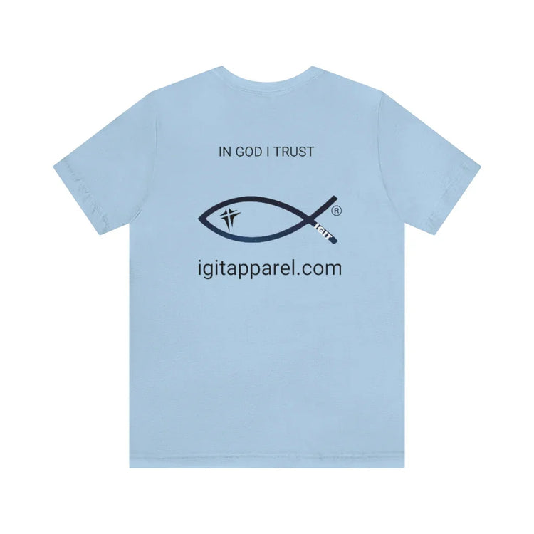 Light blue Christian t-shirt with 'In God I Trust' text, fish symbol, and igitapparel.com on back.