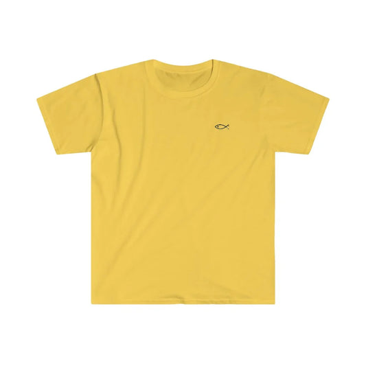 Yellow Christian t-shirt with Ichthys fish symbol on chest, faith-inspired clothing