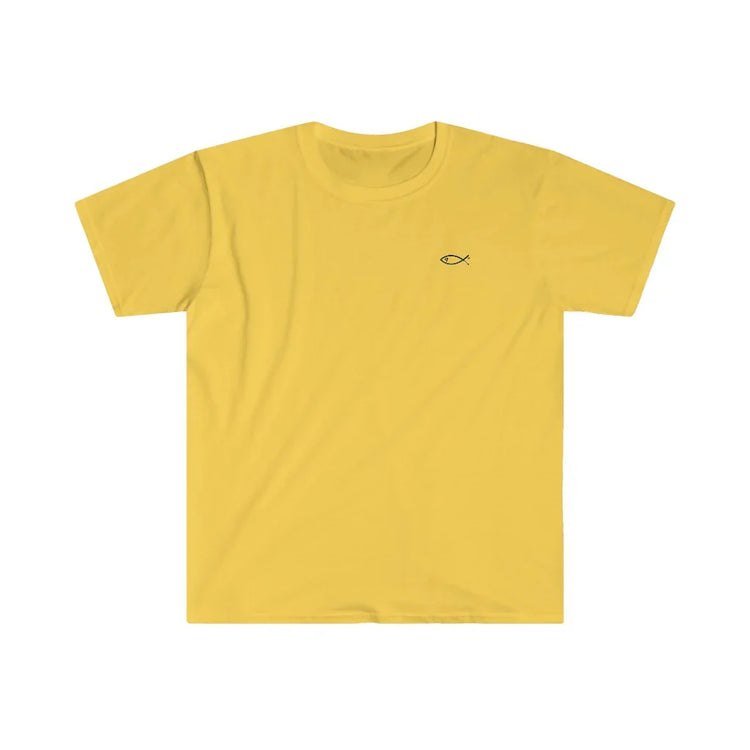 Yellow Christian t-shirt with Ichthys fish symbol on chest, faith-inspired clothing