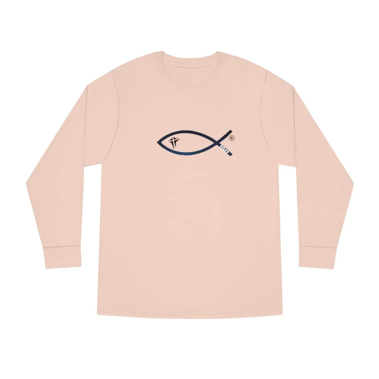 Beige long sleeve shirt with Christian fish symbol and cross graphic on front