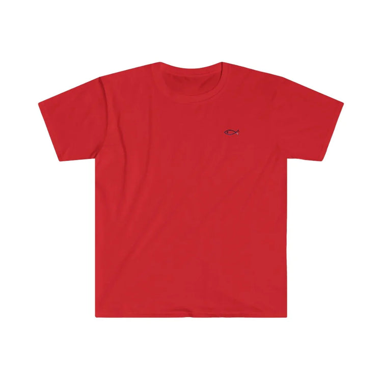 Red Christian t-shirt with small black ichthys fish symbol on chest, faith-inspired apparel
