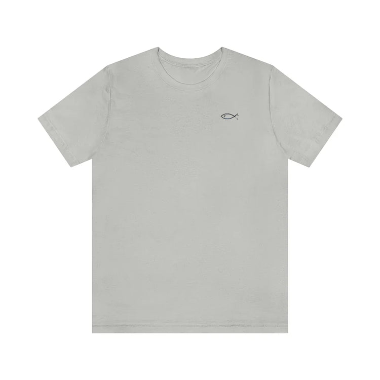 Light grey Christian t-shirt with small ichthys fish symbol on chest