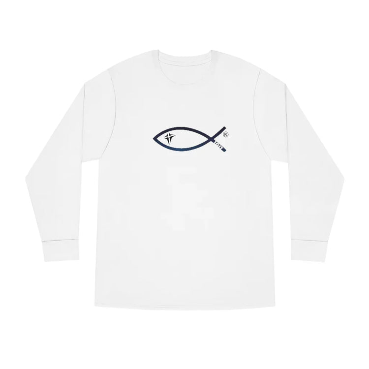 White long sleeve shirt with Christian fish symbol and cross graphic on chest