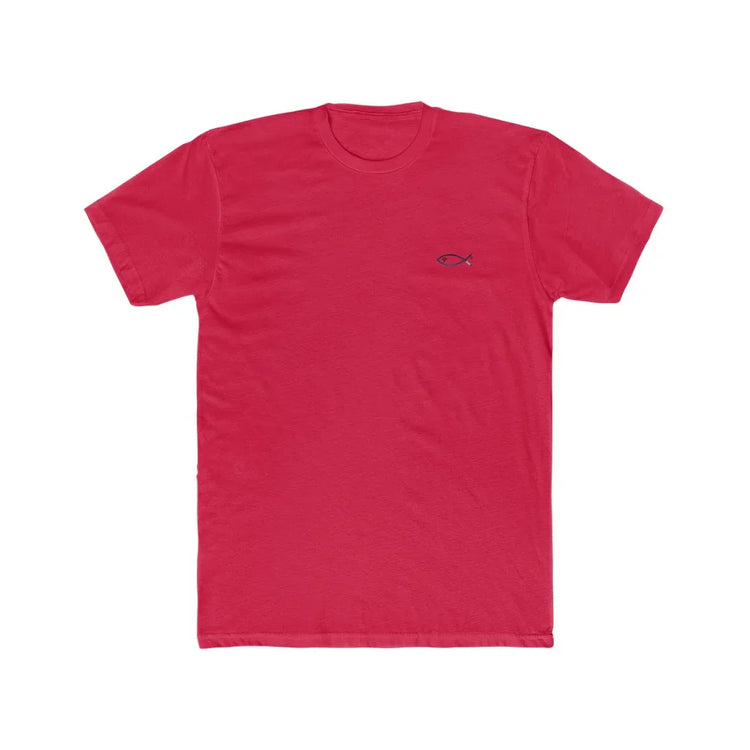 Red Christian t-shirt with small black ichthys fish symbol on chest, faith-inspired apparel