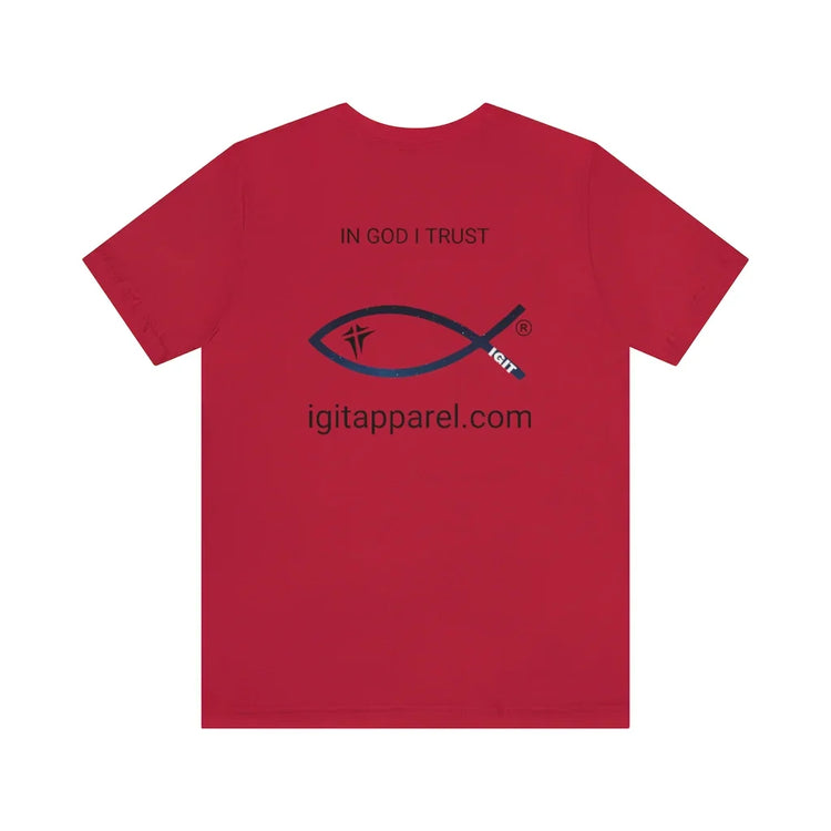 Red Christian t-shirt with fish symbol, 'In God I Trust' text, and igitapparel.com on back.