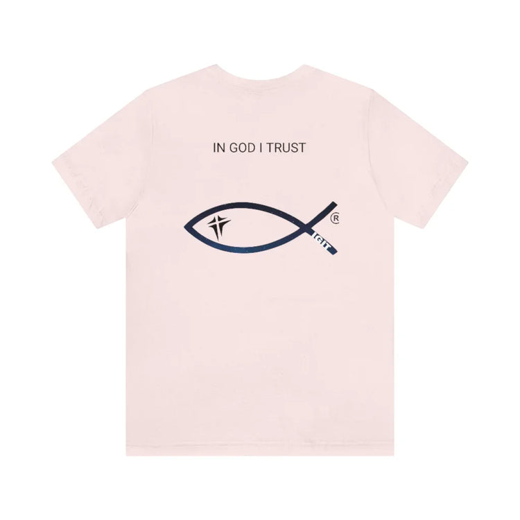Light pink Christian t-shirt with 'In God I Trust' text and large Ichthys fish symbol on back
