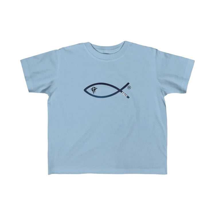Light blue youth t-shirt with Christian ichthys fish and cross logo graphic on front