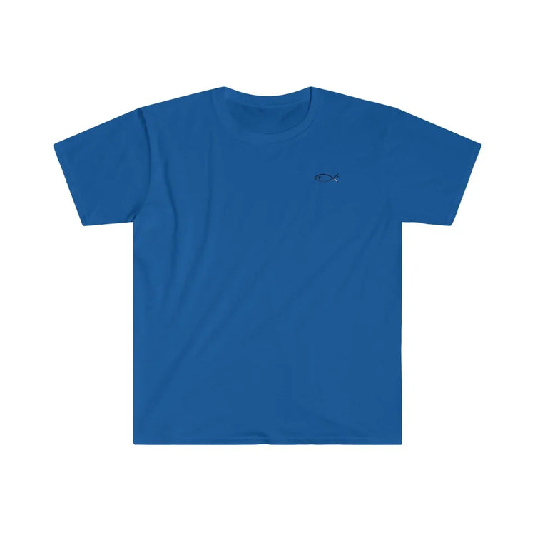 Blue Christian t-shirt with small Ichthys fish symbol on chest, faith-inspired clothing