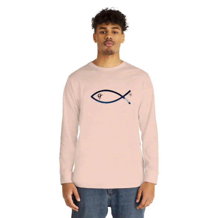 Man wearing beige long sleeve shirt with Christian fish symbol and faith text on chest