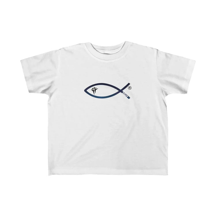 Kids white t-shirt with Christian fish symbol and cross graphic centered on front