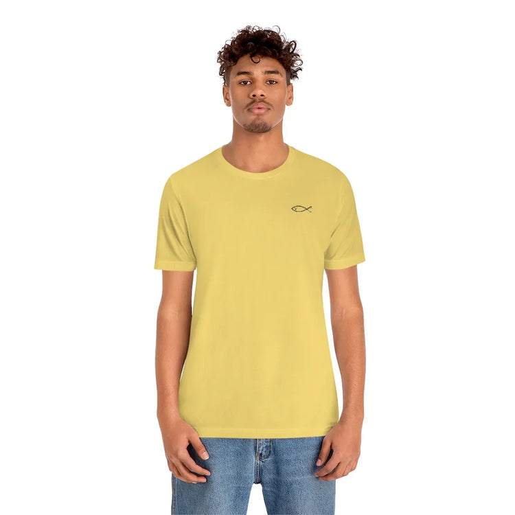 Man wearing yellow Christian t-shirt with Ichthys fish symbol, casual faith-based apparel
