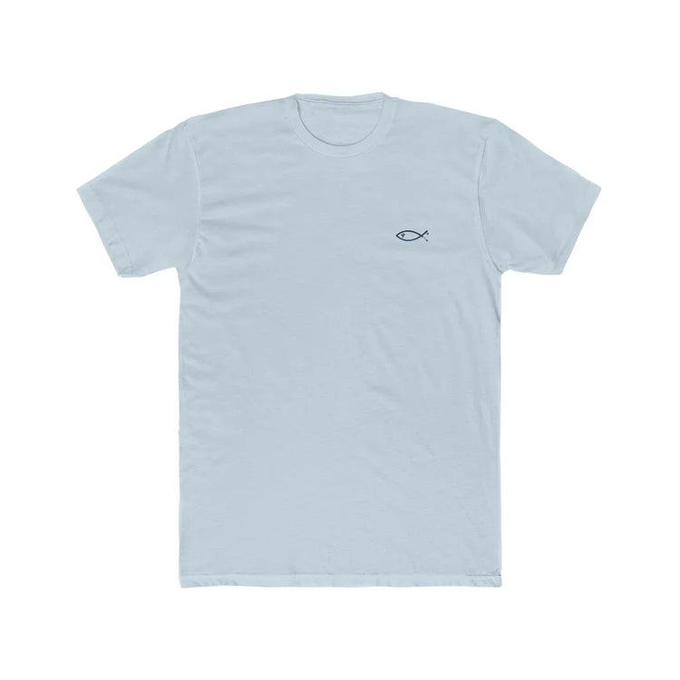 Light blue t-shirt with small Christian fish symbol on left chest, faith-inspired clothing