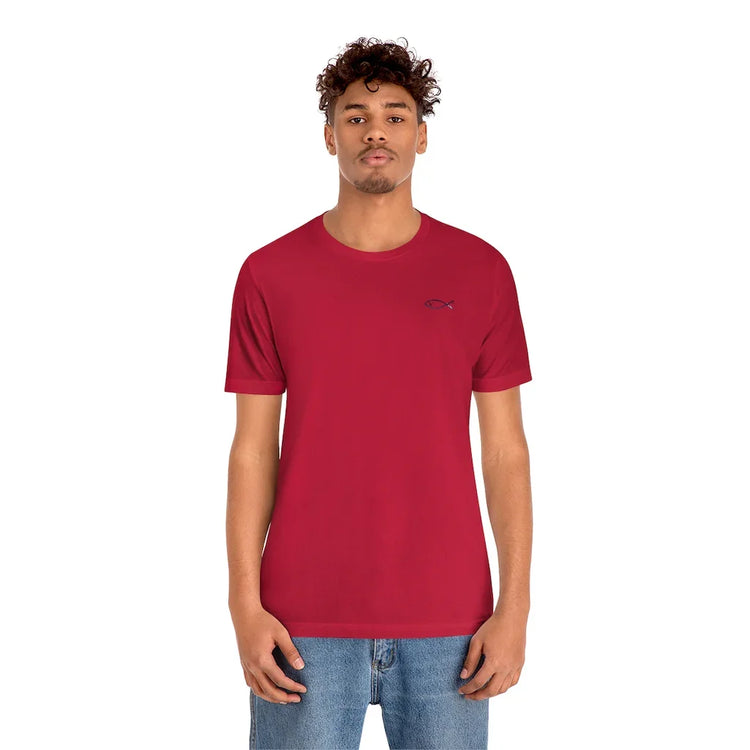 Man wearing a red Christian t-shirt with Ichthys fish symbol, casual faith-inspired clothing