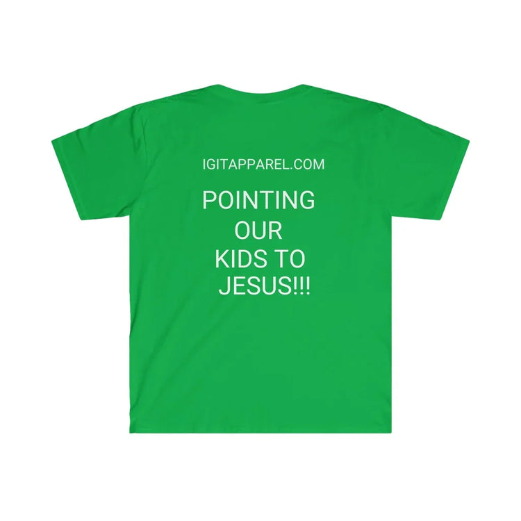 Green t-shirt with 'IGITAPPAREL.COM Pointing Our Kids to Jesus' text in white on the back
