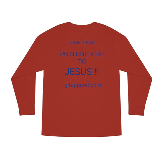 Red long sleeve Christian shirt with blue text 'In God I Trust, Pointing Kids to Jesus' on back.