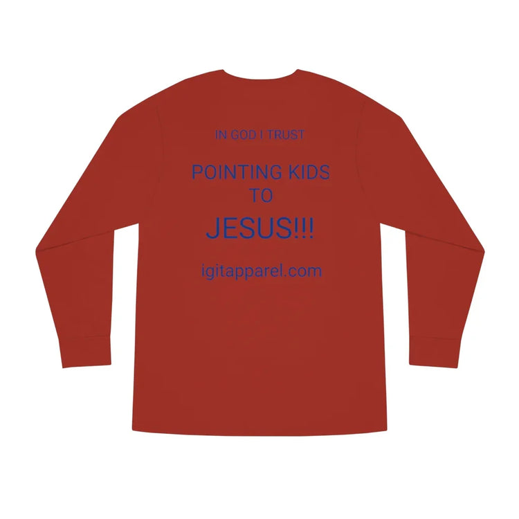 Red long sleeve Christian shirt with blue text 'In God I Trust, Pointing Kids to Jesus' on back.