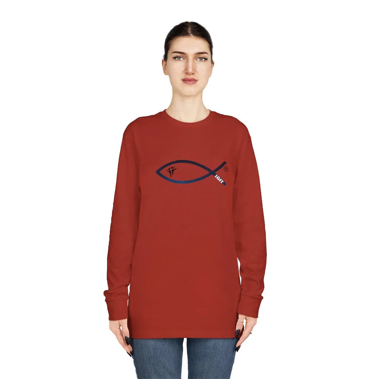 Woman in red Christian fish symbol crewneck sweatshirt, faith-inspired clothing