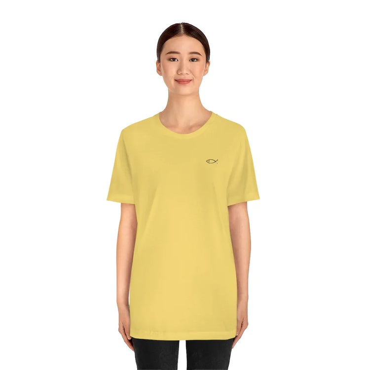 Woman wearing a yellow Christian fish symbol t-shirt on white background
