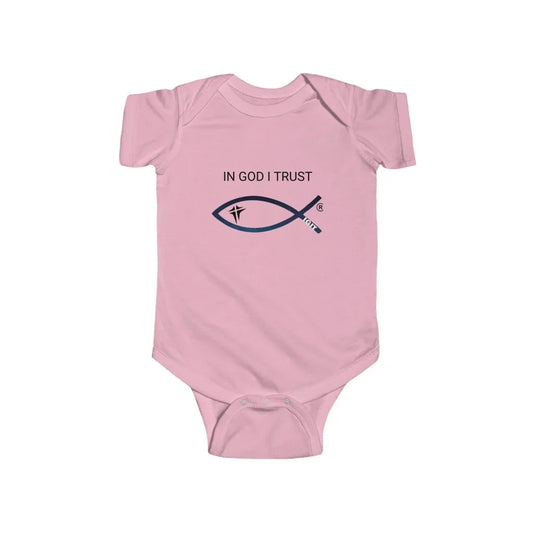 Pink baby onesie with 'In God I Trust' text and Christian fish symbol on front