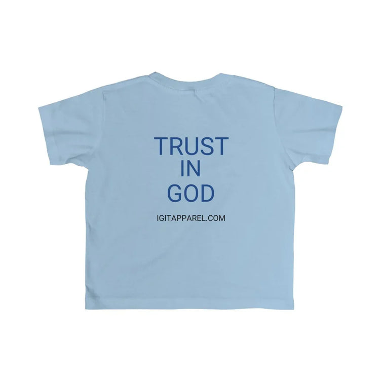 Light blue Christian youth t-shirt with 'TRUST IN GOD' text on the back