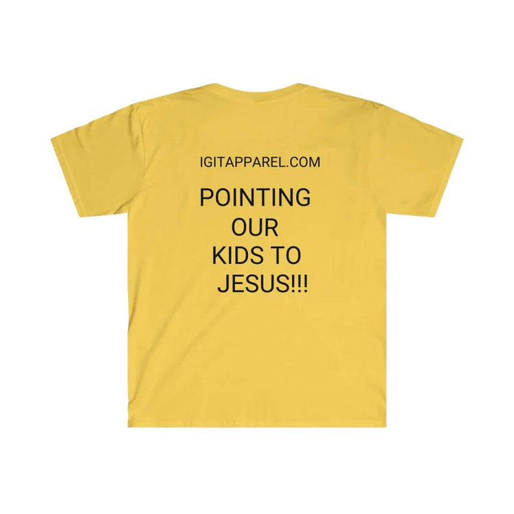Yellow Christian youth message t-shirt with 'Pointing Our Kids to Jesus' text, back view