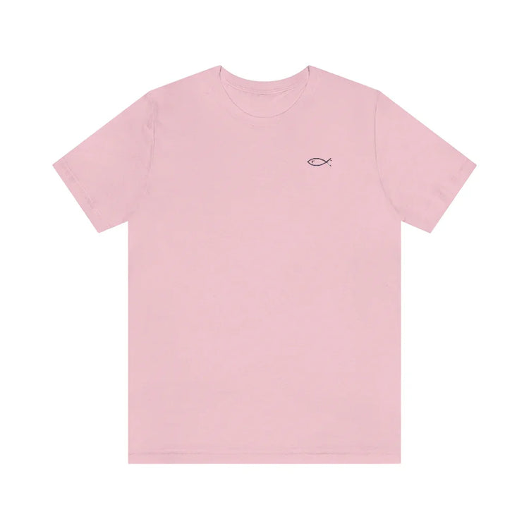 Light pink Christian t-shirt with small black ichthys fish symbol on chest