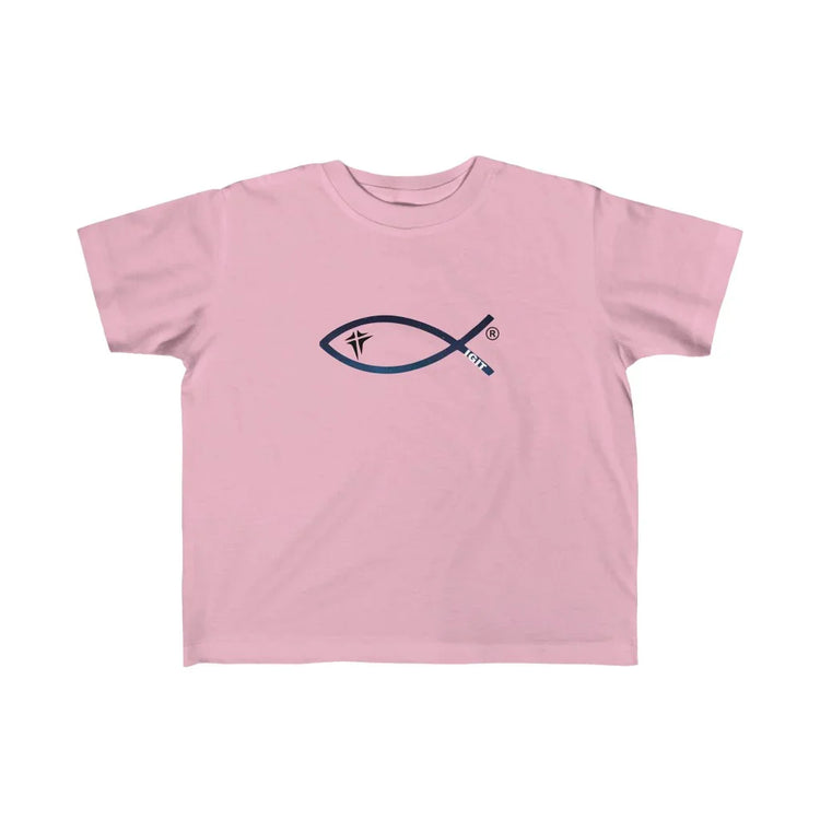 Pink youth t-shirt with Christian fish symbol and cross graphic on chest, faith-inspired apparel.