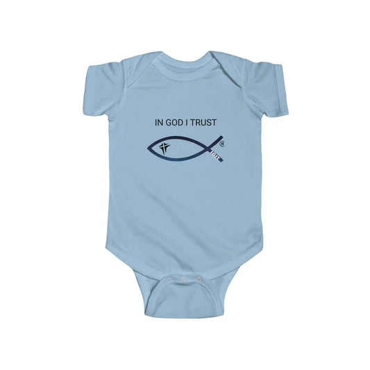 Light blue baby onesie with 'In God I Trust' text and Christian fish symbol on front