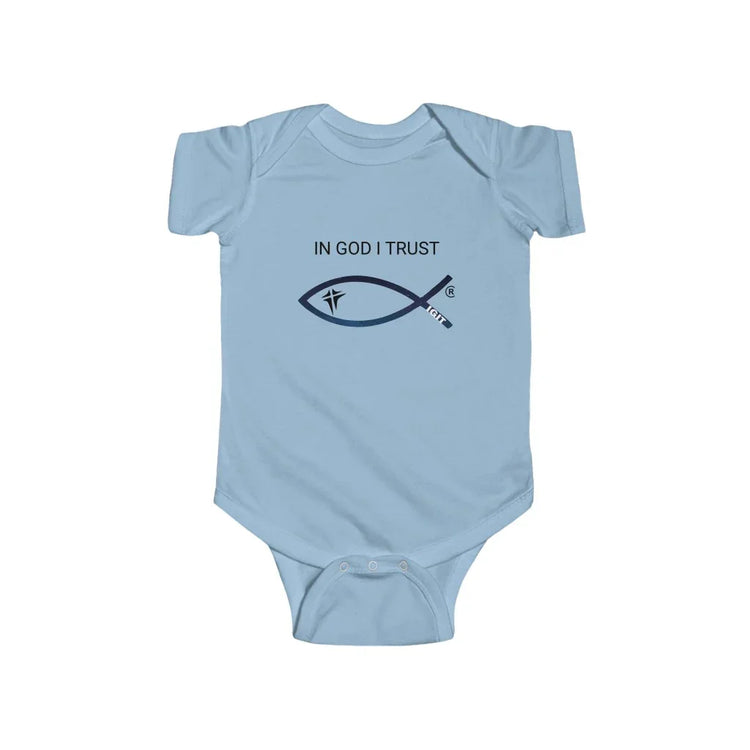 Light blue baby onesie with 'In God I Trust' text and Christian fish symbol on front