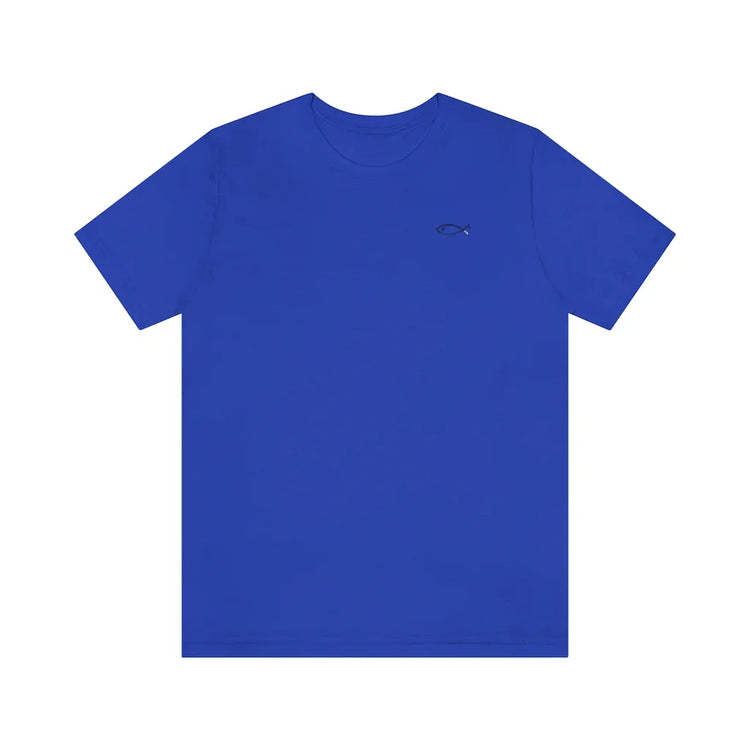 Royal blue Christian t-shirt with small black ichthys fish symbol on chest