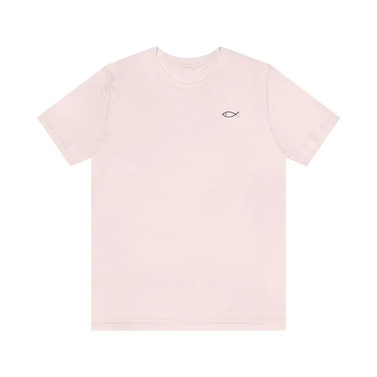 Light pink Christian t-shirt with small embroidered ichthys fish symbol on chest