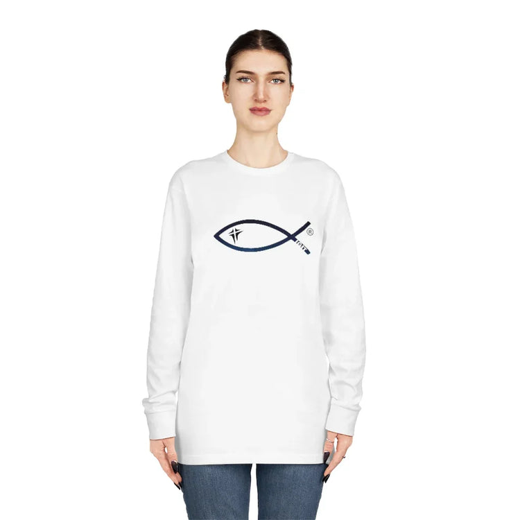 Woman wearing white Christian fish symbol long-sleeve shirt with jeans