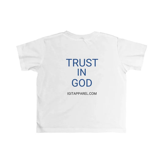 White youth t-shirt with blue 'TRUST IN GOD' faith-based text on the back.
