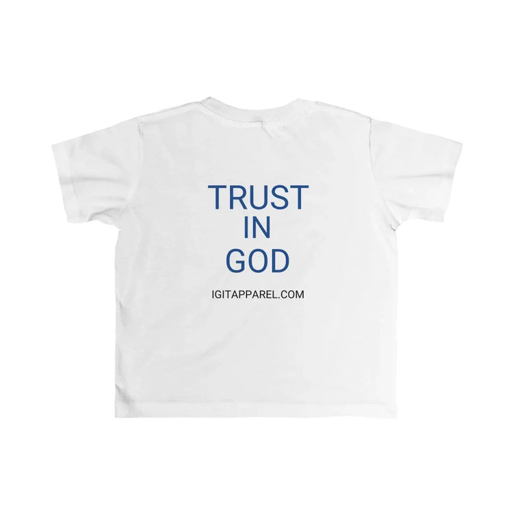 White youth t-shirt with blue 'TRUST IN GOD' faith-based text on the back.