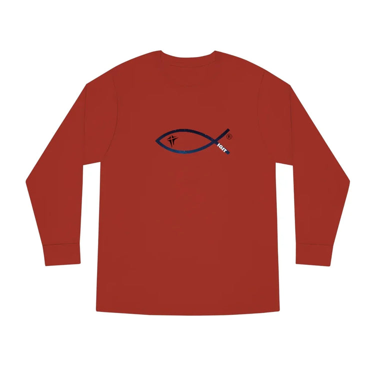 Red long sleeve shirt with blue Christian fish symbol and cross design on the chest