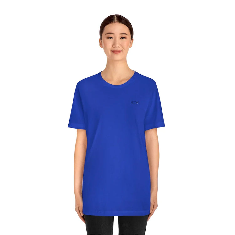 Woman wearing blue faith-inspired Christian fish t-shirt on white background