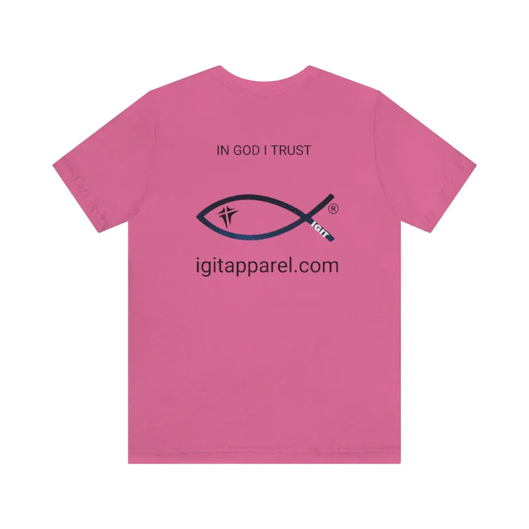 Pink Christian t-shirt with 'In God I Trust' text, fish symbol, and igitapparel.com on back