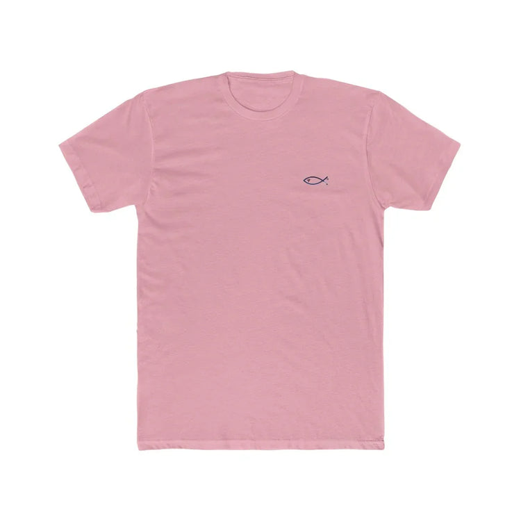 Pink Christian t-shirt with small black Ichthys fish symbol on chest, faith-inspired clothing