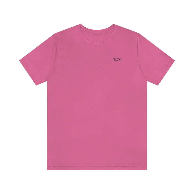 Pink Christian t-shirt with small black ichthys fish symbol on chest, faith-inspired apparel