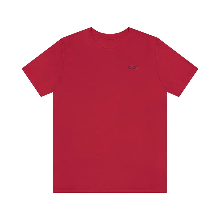 Red unisex t-shirt with small Christian fish symbol on left chest, faith-inspired design
