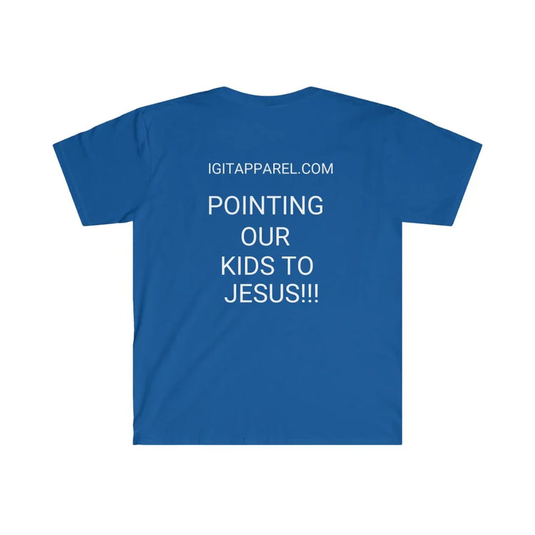 Blue Christian faith t-shirt with 'Pointing Our Kids to Jesus' message on the back.