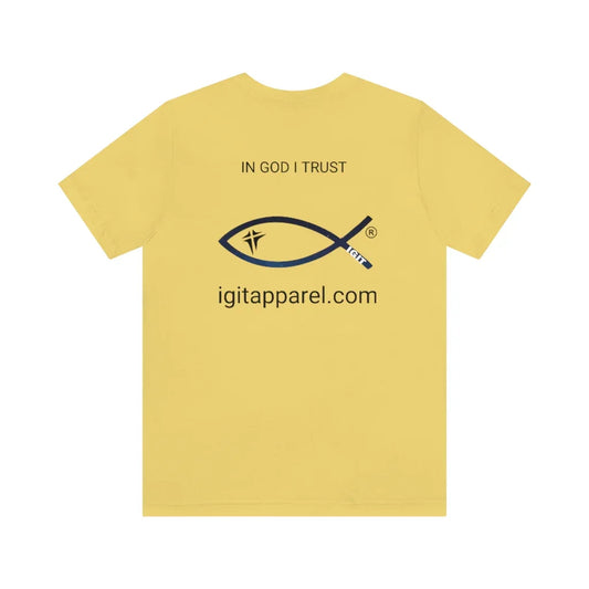 Yellow Christian t-shirt with IN GOD I TRUST text, ichthys fish symbol, and website URL on back